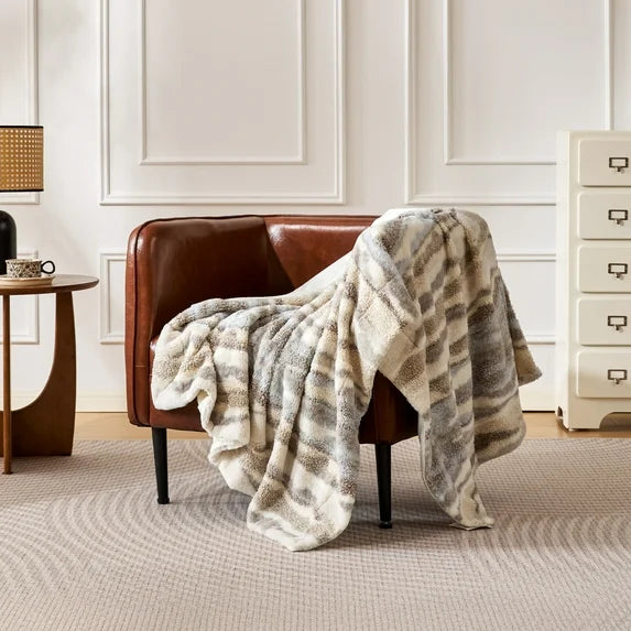 50"× 60" Throw Blanket, Multi-Color Striped Soft Durable Fluffy Faux Fur Bed Blankets