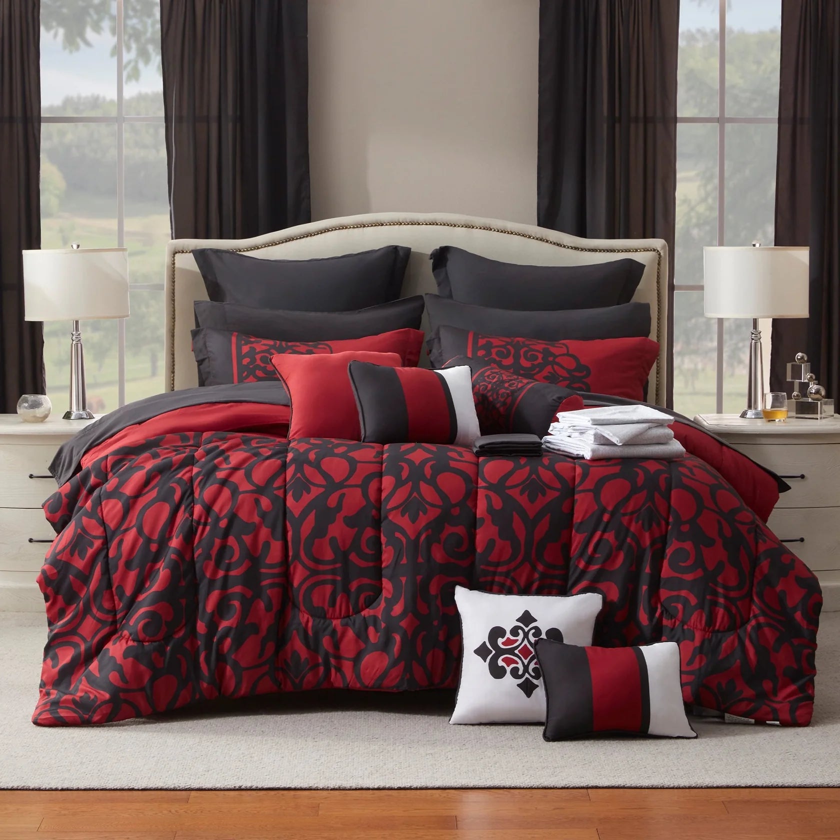 Comforter Set with 24 Piece - Rosalia All Season Bedding Sets with Comforter, Pillow Shams, Flat Sheet, Fitted Sheet, Pillowcases and Rod Pocketwindow Panels