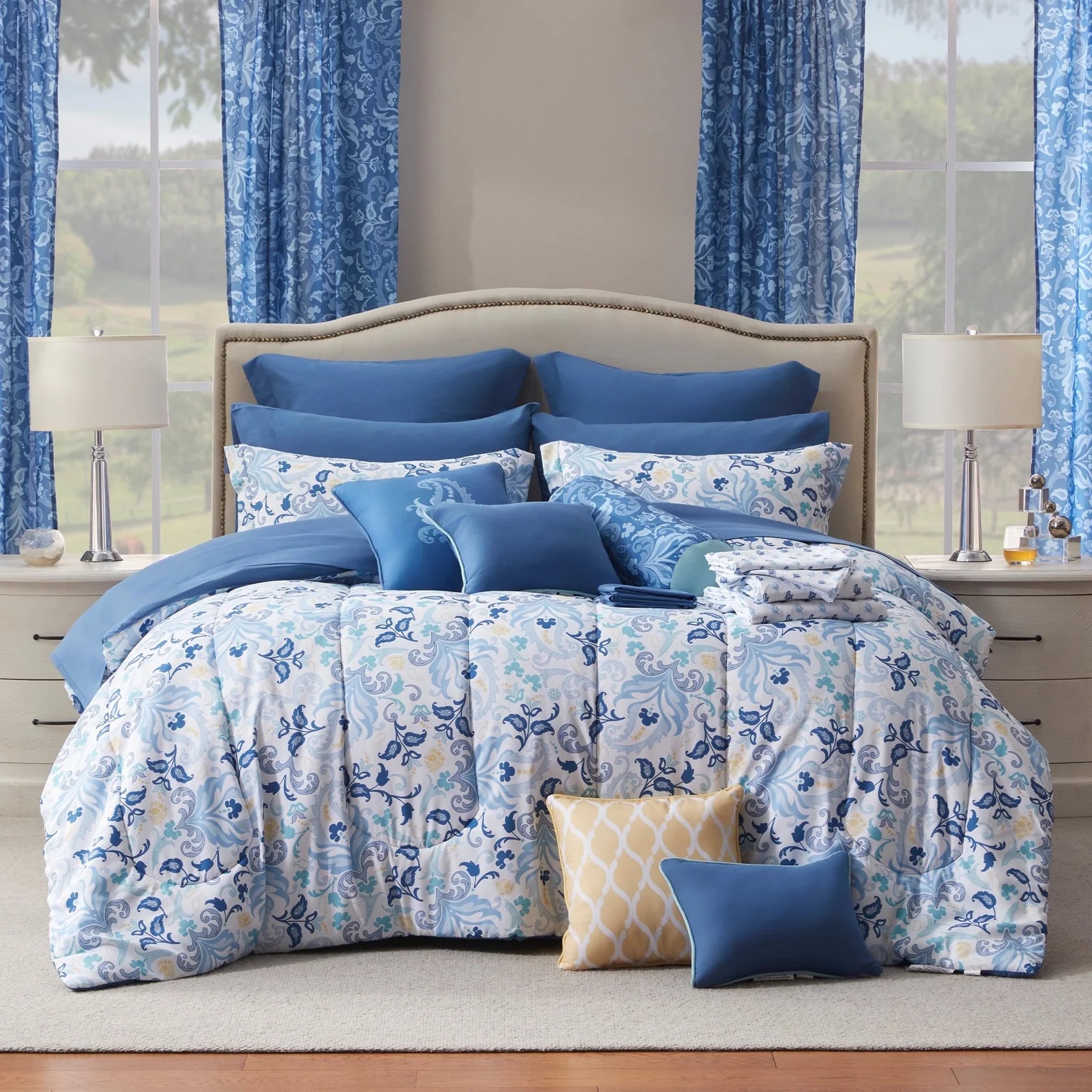 Comforter Set with 24 Piece - Rosalia All Season Bedding Sets with Comforter, Pillow Shams, Flat Sheet, Fitted Sheet, Pillowcases and Rod Pocketwindow Panels