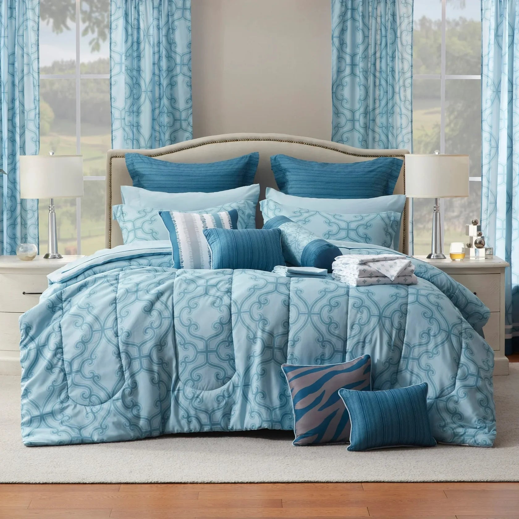 Comforter Set with 24 Piece - Rosalia All Season Bedding Sets with Comforter, Pillow Shams, Flat Sheet, Fitted Sheet, Pillowcases and Rod Pocketwindow Panels