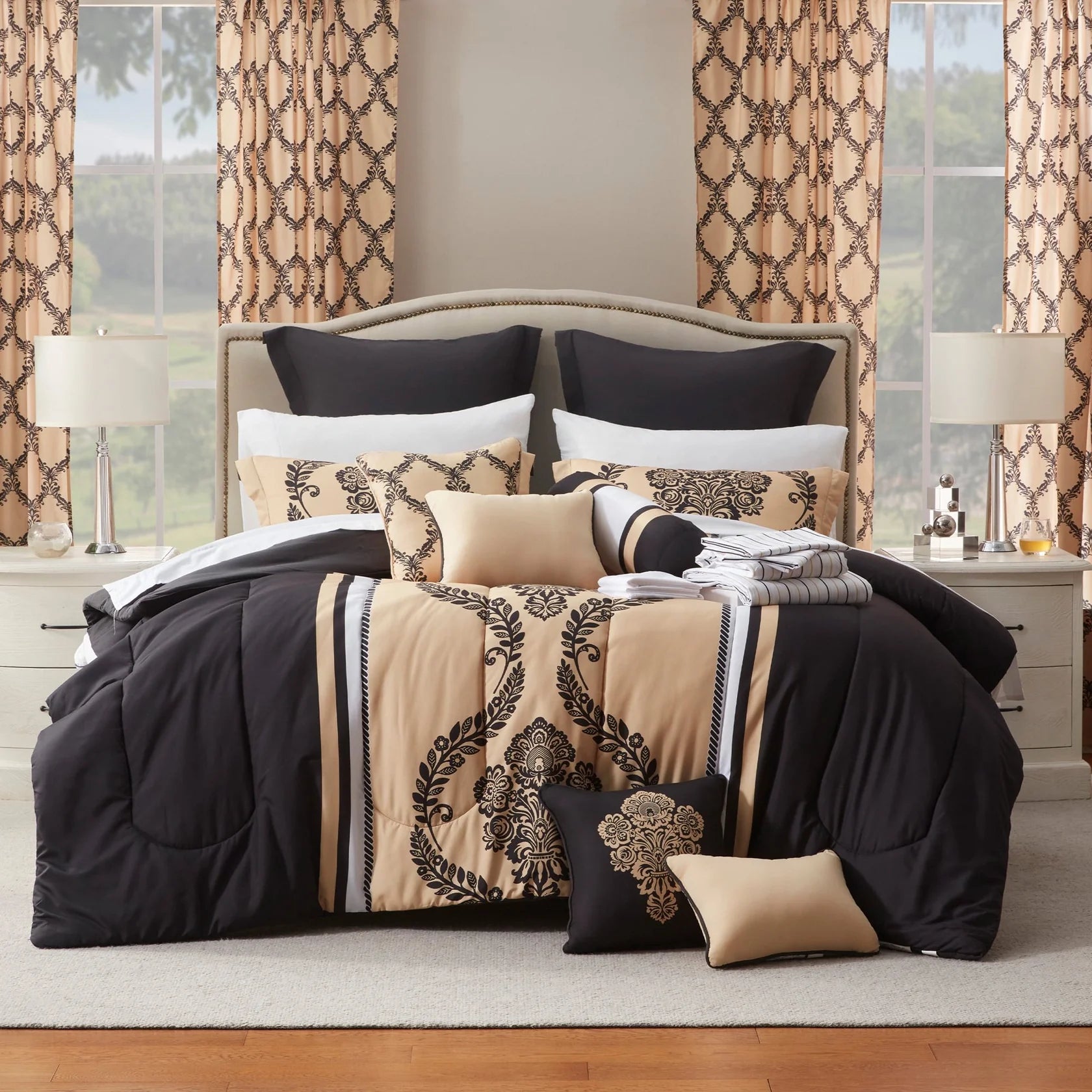 Comforter Set with 24 Piece - Rosalia All Season Bedding Sets with Comforter, Pillow Shams, Flat Sheet, Fitted Sheet, Pillowcases and Rod Pocketwindow Panels