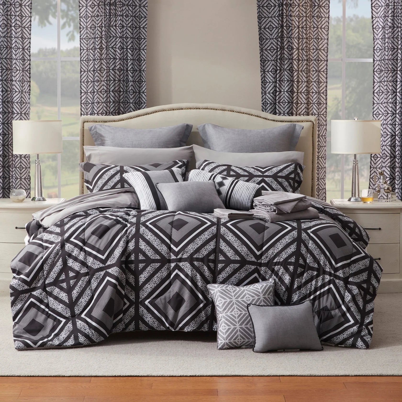 Comforter Set with 24 Piece - Rosalia All Season Bedding Sets with Comforter, Pillow Shams, Flat Sheet, Fitted Sheet, Pillowcases and Rod Pocketwindow Panels